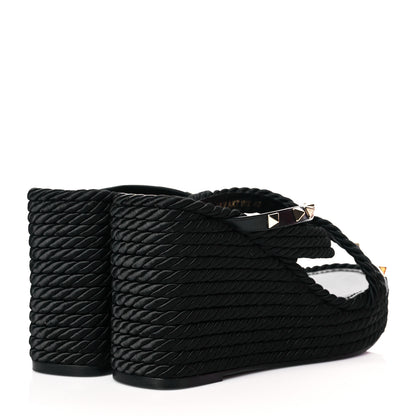 Valentino Garavani Calfskin Silk Rockstud Torchon Espadrille Wedge 25/95mm Slide Sandals 40 Black 4 of 9