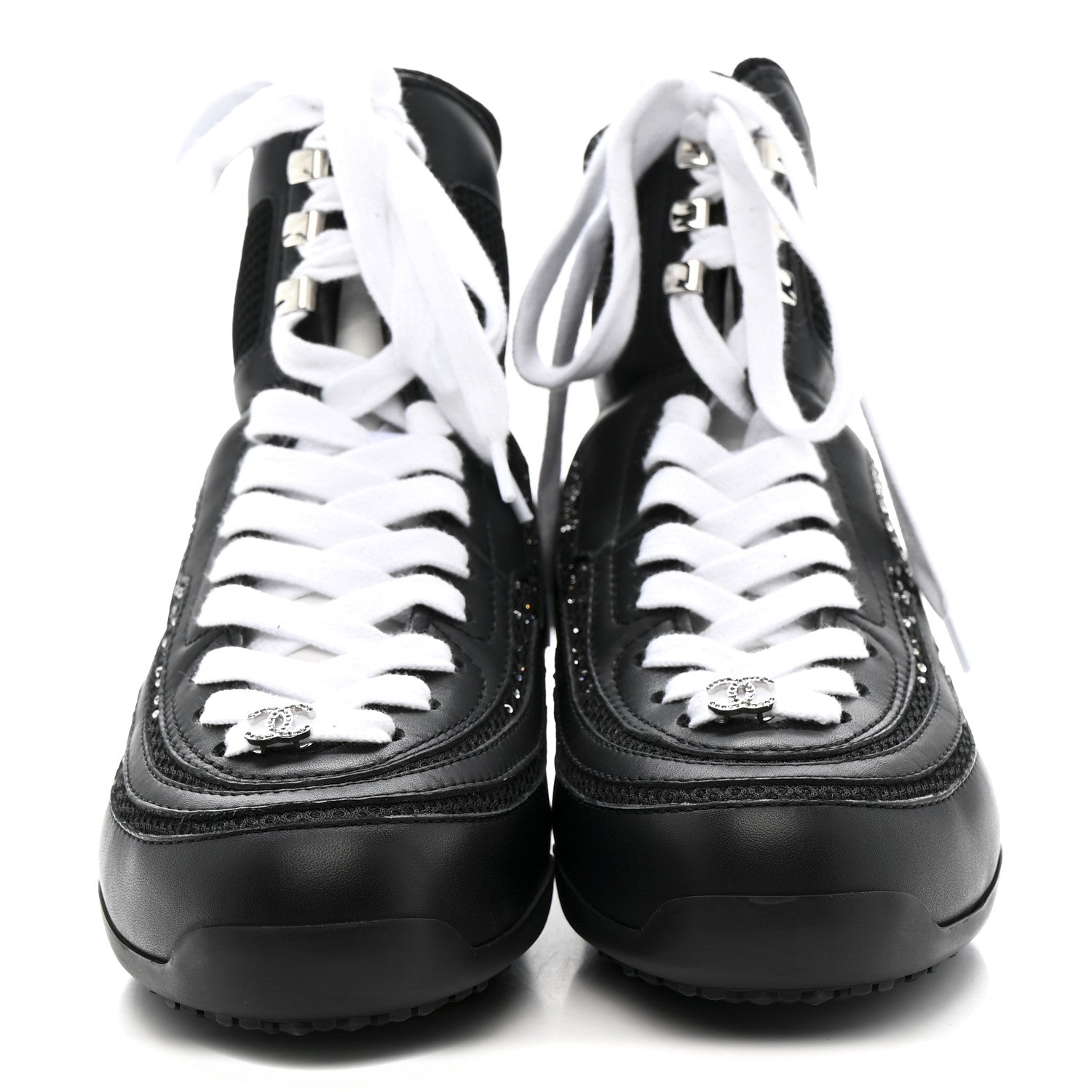 Chanel Calfskin Mesh Strass Womens CC Sneakers 37 Black Silver
