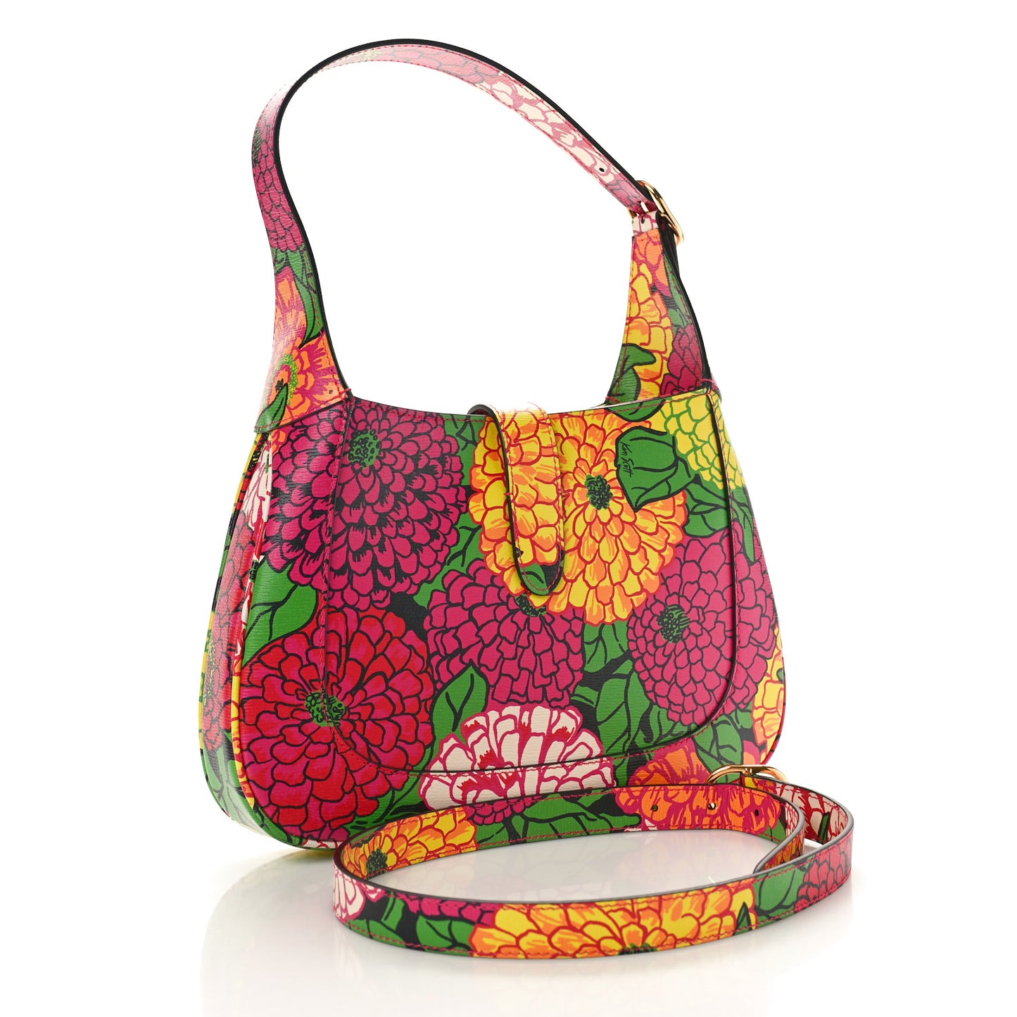 X KEN SCOTT Textured Calfskin Pomponica Print Small Jackie 1961 Hobo Multicolor Fuxia Pompon