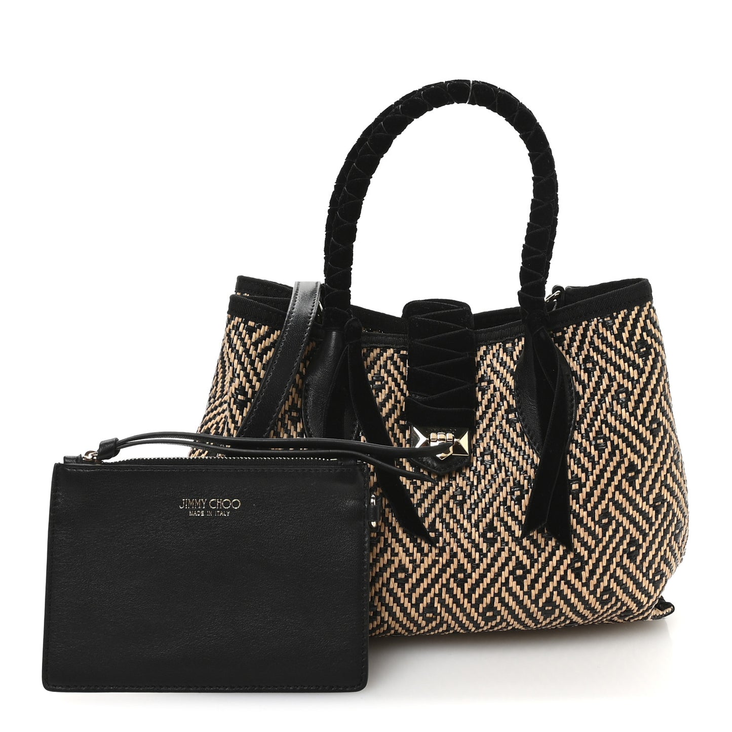 Raffia Woven Velvet Marianne Shopper Tote Black Natural