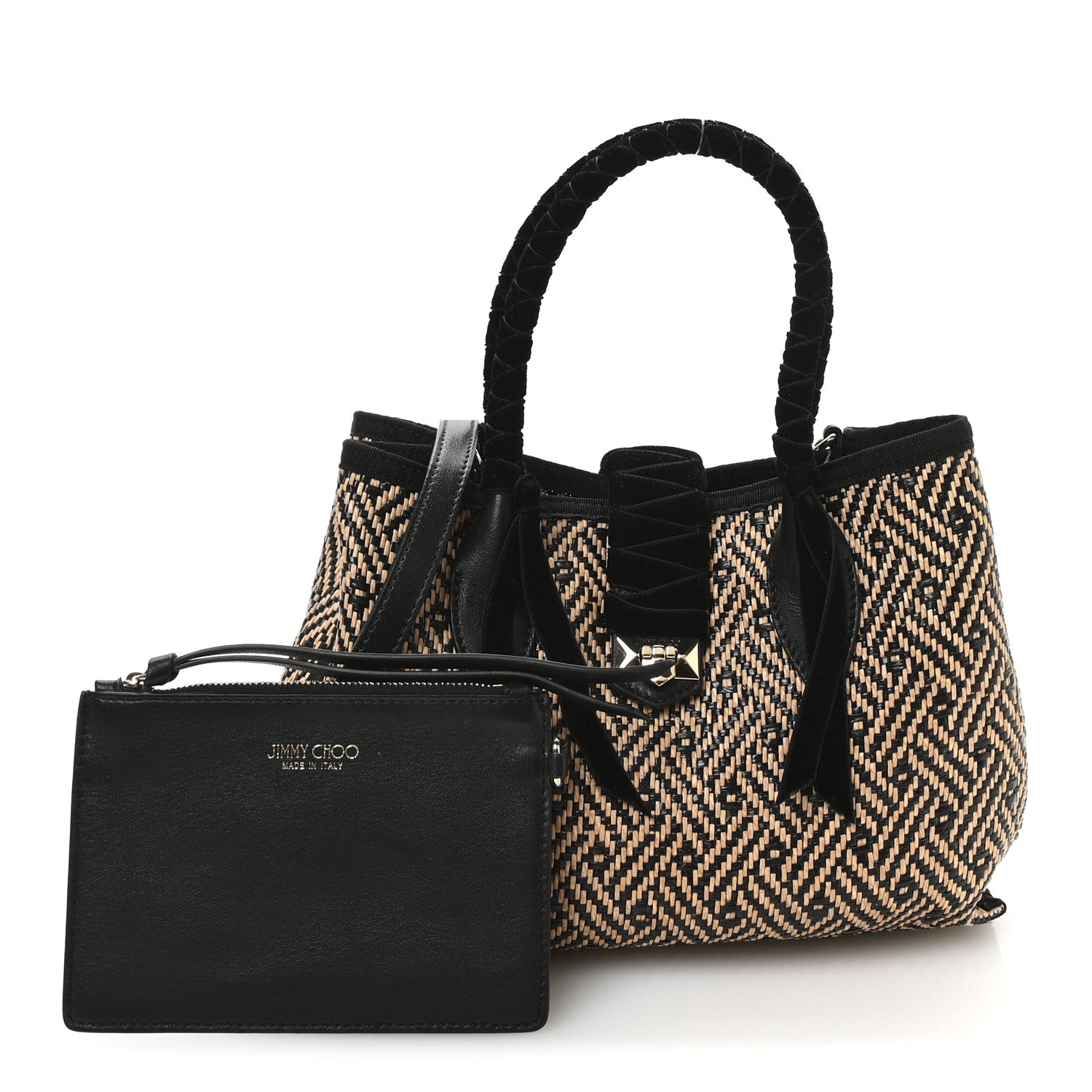 Jimmy Choo Raffia Woven Velvet Marianne Shopper Tote Black Natural 3 of 11
