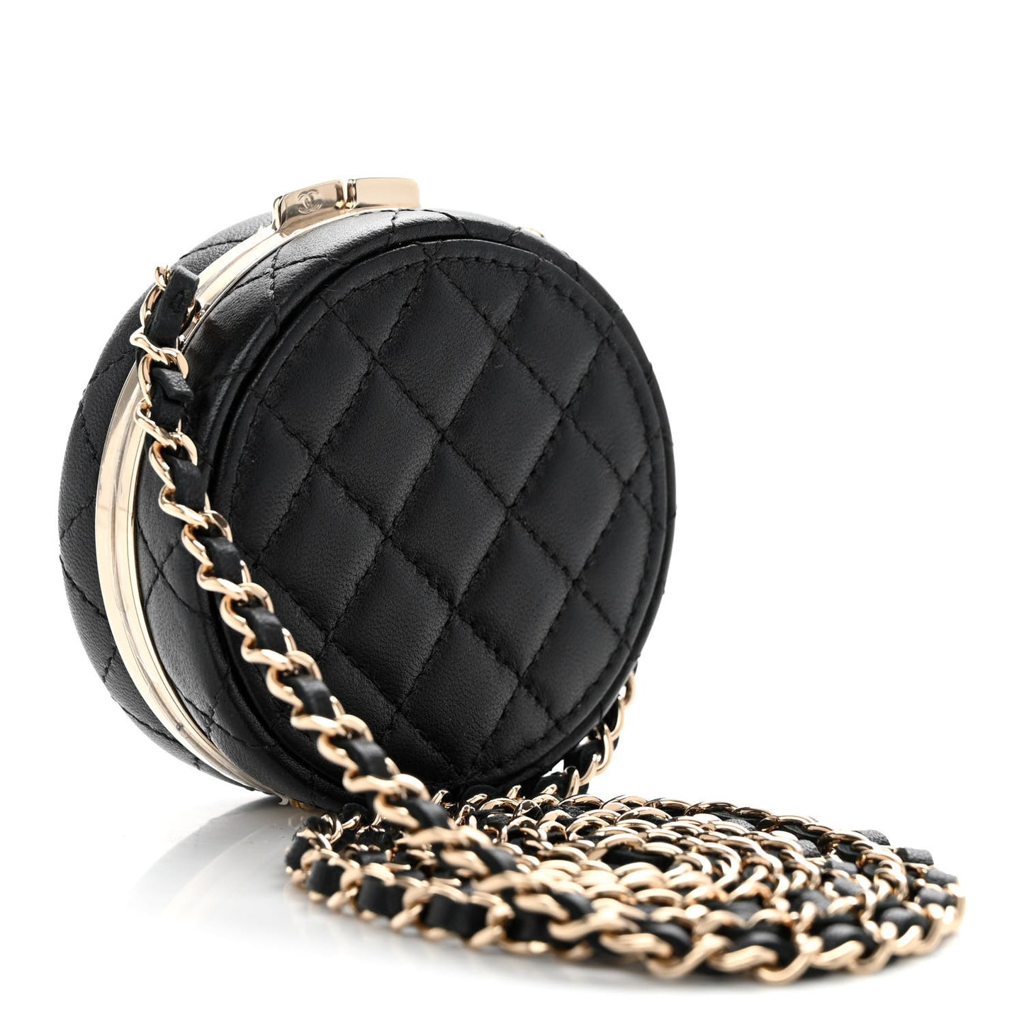 Lambskin Enamel Quilted Round Poker Chip Clutch With Chain Black White