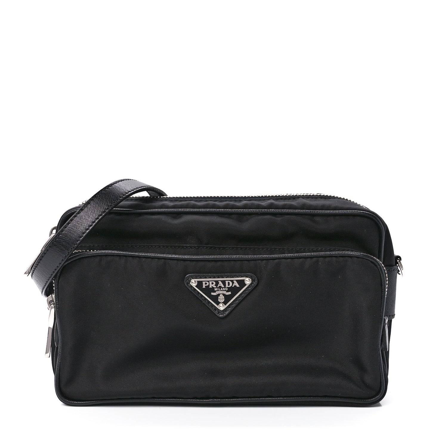 Nylon Saffiano Vela Double Zip Crossbody Bag Black