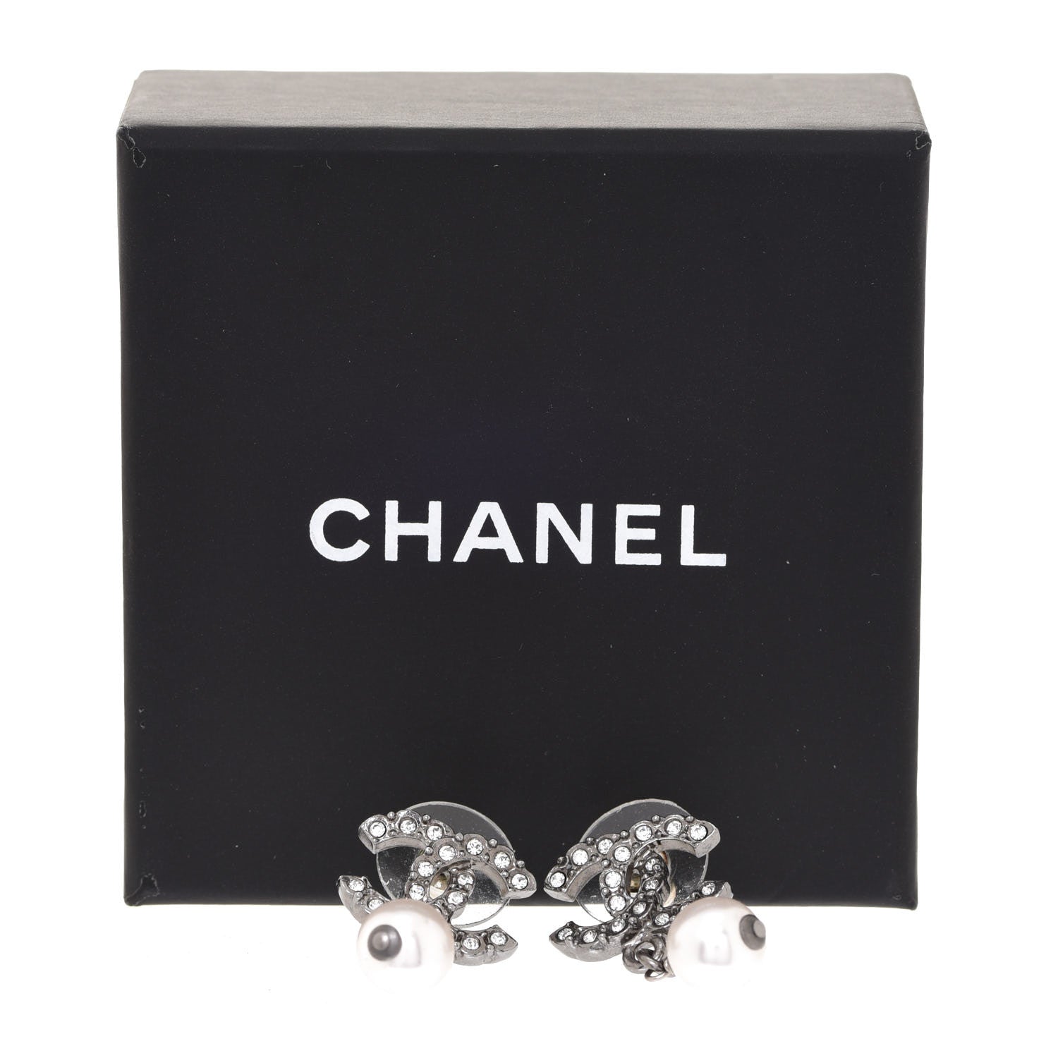 Chanel Crystal Pearl CC Drop Earrings Silver 5 of 5