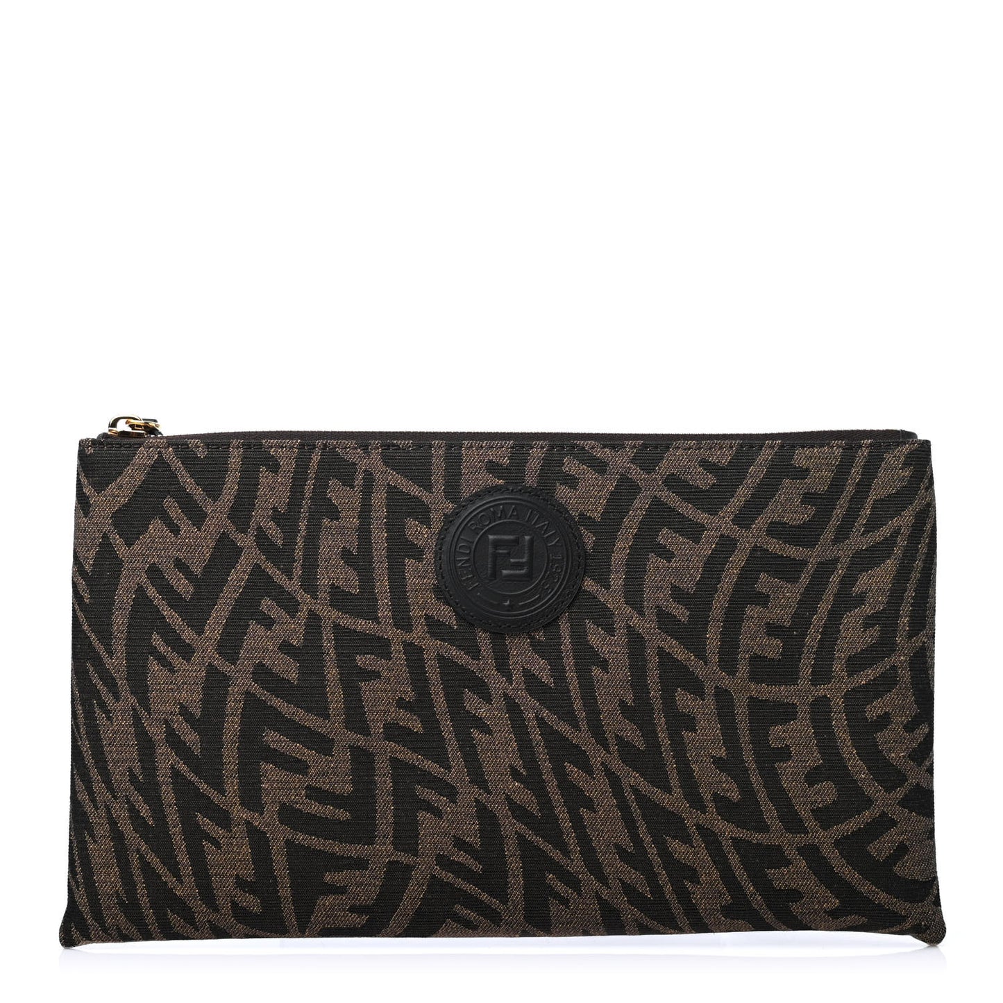 X SARAH COLEMAN Fabric Jacquard Vitello King FF Vertigo Medium Flat Pouch Tobacco Moro Black