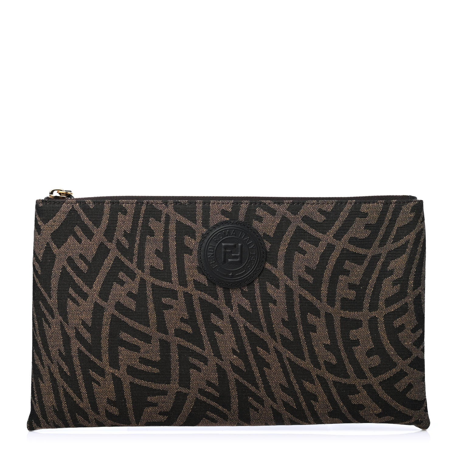 Fendi X SARAH COLEMAN Fabric Jacquard Vitello King FF Vertigo Medium Flat Pouch Tobacco Moro Black 1 of 4