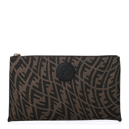 Fendi X SARAH COLEMAN Fabric Jacquard Vitello King FF Vertigo Medium Flat Pouch Tobacco Moro Black 1 of 4