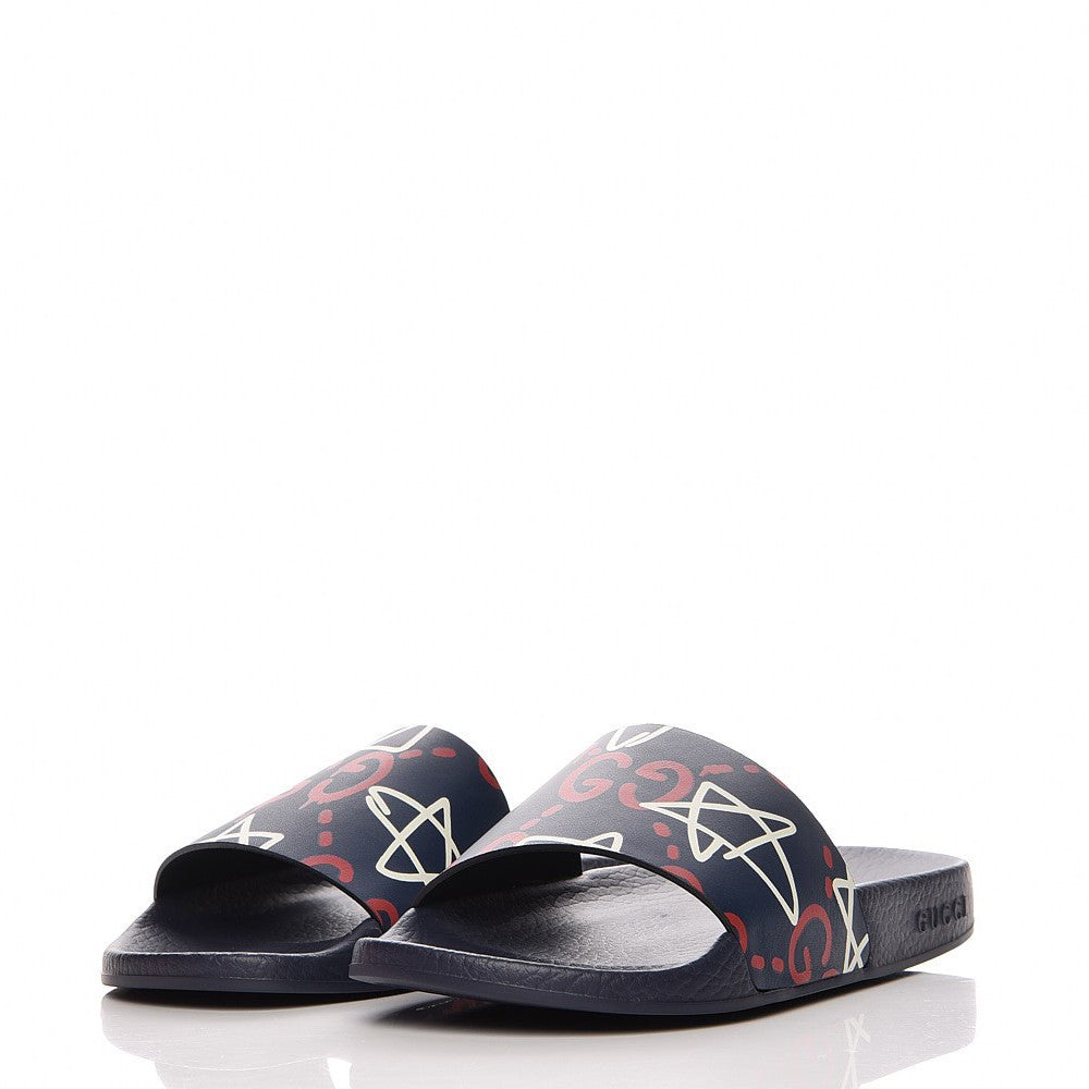 Gucci Calfskin GucciGhost Print Womens Slide Sandals 37 Blue Agata Hibiscus Red 2 of 8