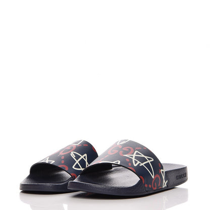 Gucci Calfskin GucciGhost Print Womens Slide Sandals 37 Blue Agata Hibiscus Red 2 of 8