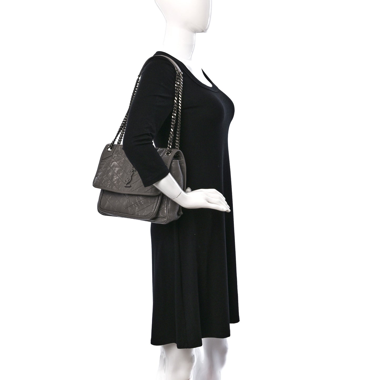 Crinkled Calfskin Matelasse Monogram Medium Niki Chain Satchel Fog