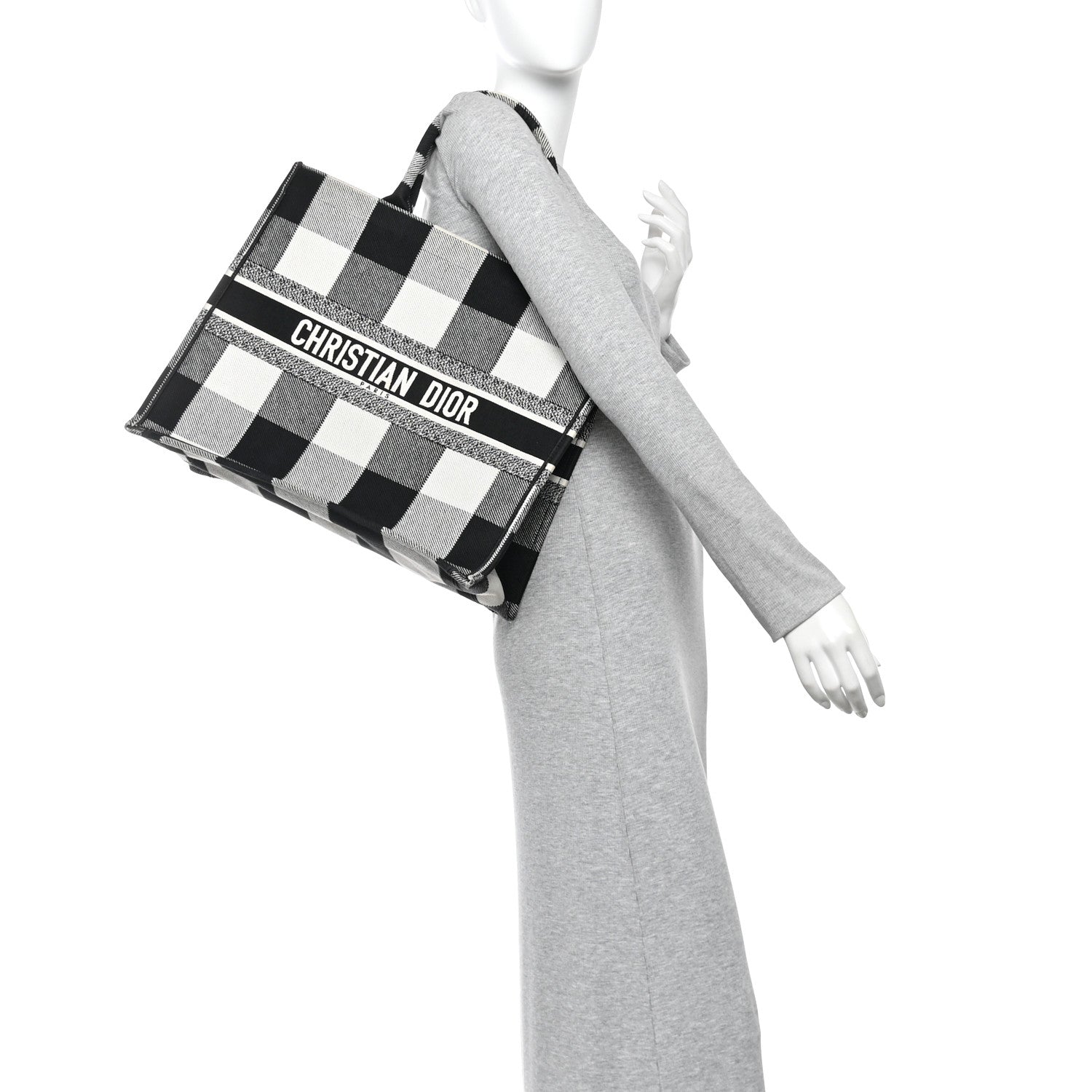 Christian Dior Canvas Embroidered Large Checkered Book Tote Black White 2 of 10
