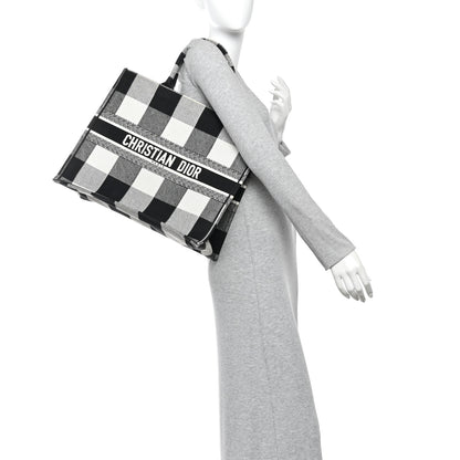 Christian Dior Canvas Embroidered Large Checkered Book Tote Black White 2 of 10