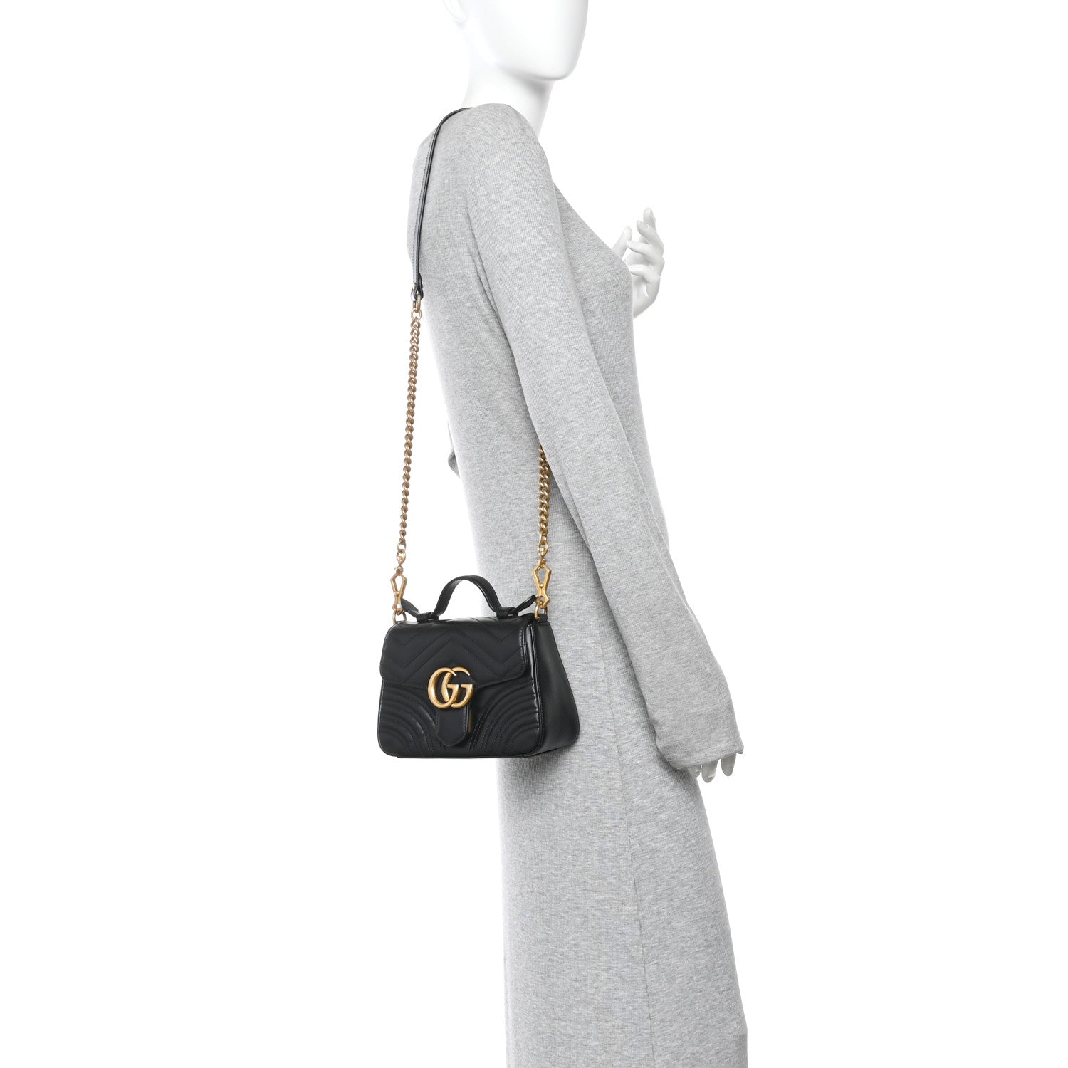 Gucci Calfskin Matelasse Mini GG Marmont Top Handle Shoulder Bag Black 3 of 12