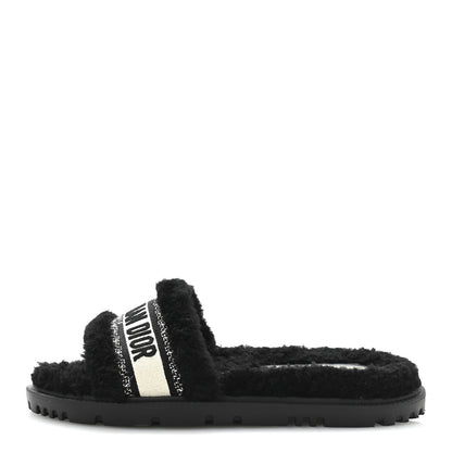 Christian Dior Shearling Canvas Lurex Embroidered Dway 10mm Slide Sandals 40 Black Natural 1 of 9