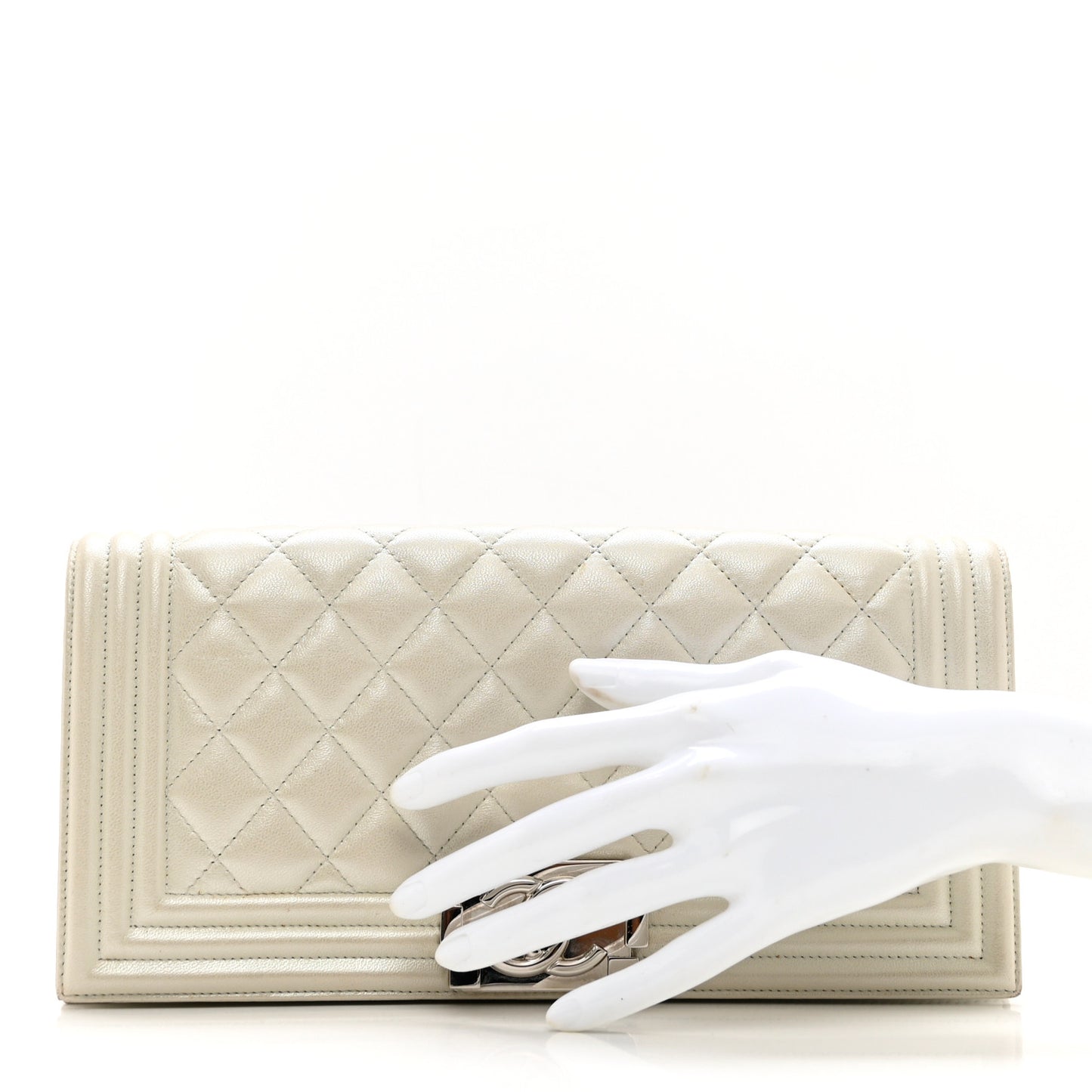 Metallic Lambskin Quilted Boy Flap Clutch Silver
