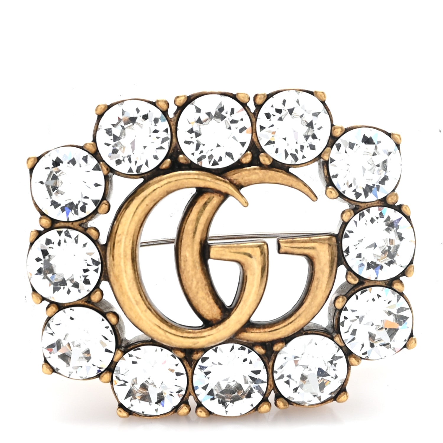Gucci Metal Crystal Double G Brooch Aged Gold 1 of 3