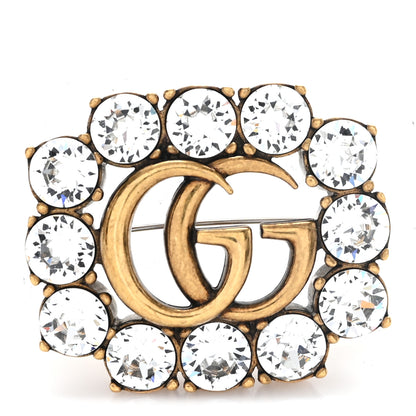 Gucci Metal Crystal Double G Brooch Aged Gold 1 of 3
