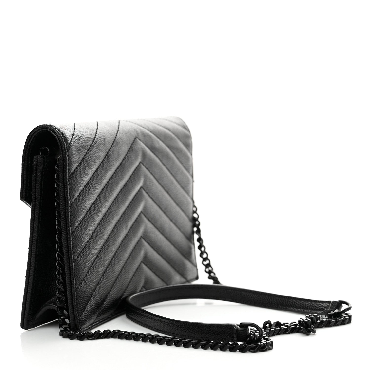 Saint Laurent Grain De Poudre Matelasse Chevron Monogram Monochrome Envelope Chain Wallet Black 3 of 14