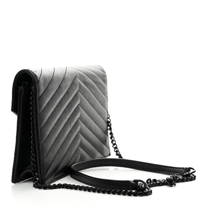 Saint Laurent Grain De Poudre Matelasse Chevron Monogram Monochrome Envelope Chain Wallet Black 3 of 14