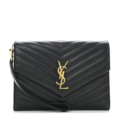 Saint Laurent Grain De Poudre Matelasse Chevron Monogram Envelope Clutch Black 1 of 7