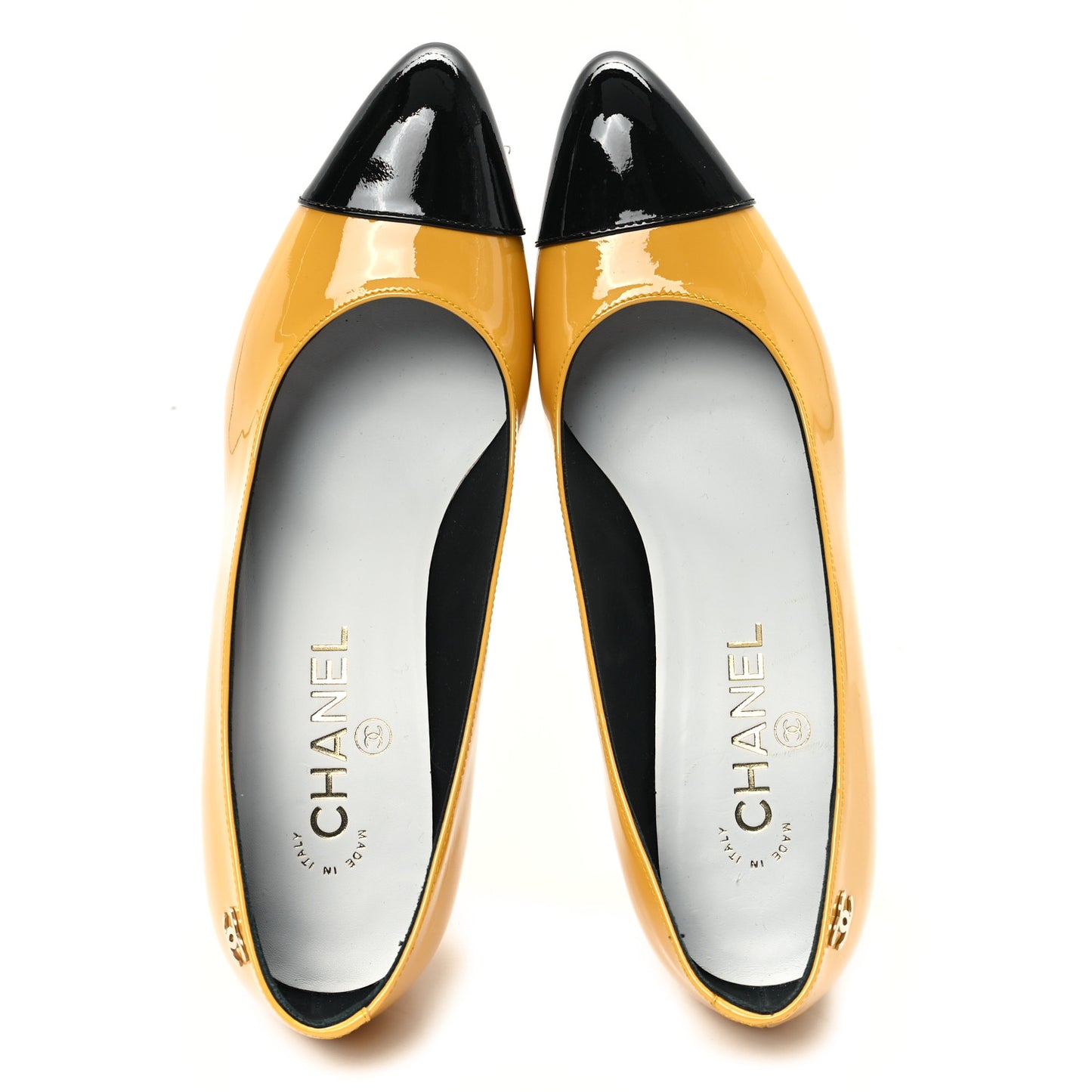 Patent Calfskin Cap Toe CC Pumps 37.5 Black Yellow