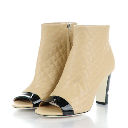 Chanel Calfskin Quilted Patent Short Boots 38.5 Beige Black 3 of 9