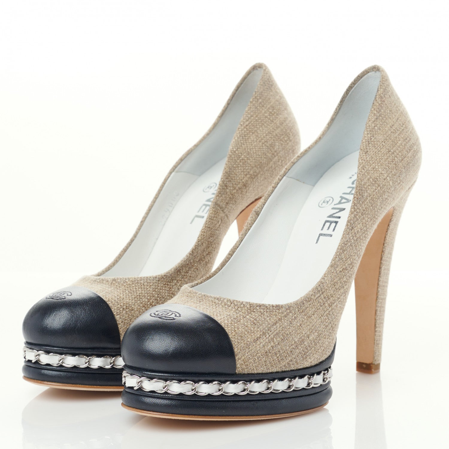 Chanel Linen Lambskin CC Chain Cap Toe Platform Pumps 39.5 Beige Fonce Black 2 of 9