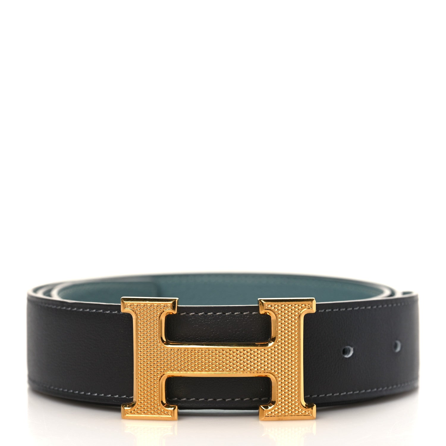 Hermes Box Togo 32mm Guillochee H Belt 95 Black Bleu Jean 1 of 6