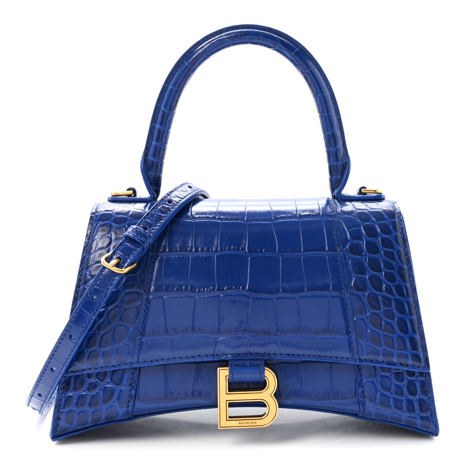 Balenciaga Shiny Calfskin Crocodile Embossed Small Hourglass Top Handle Bag Indigo 1 of 9