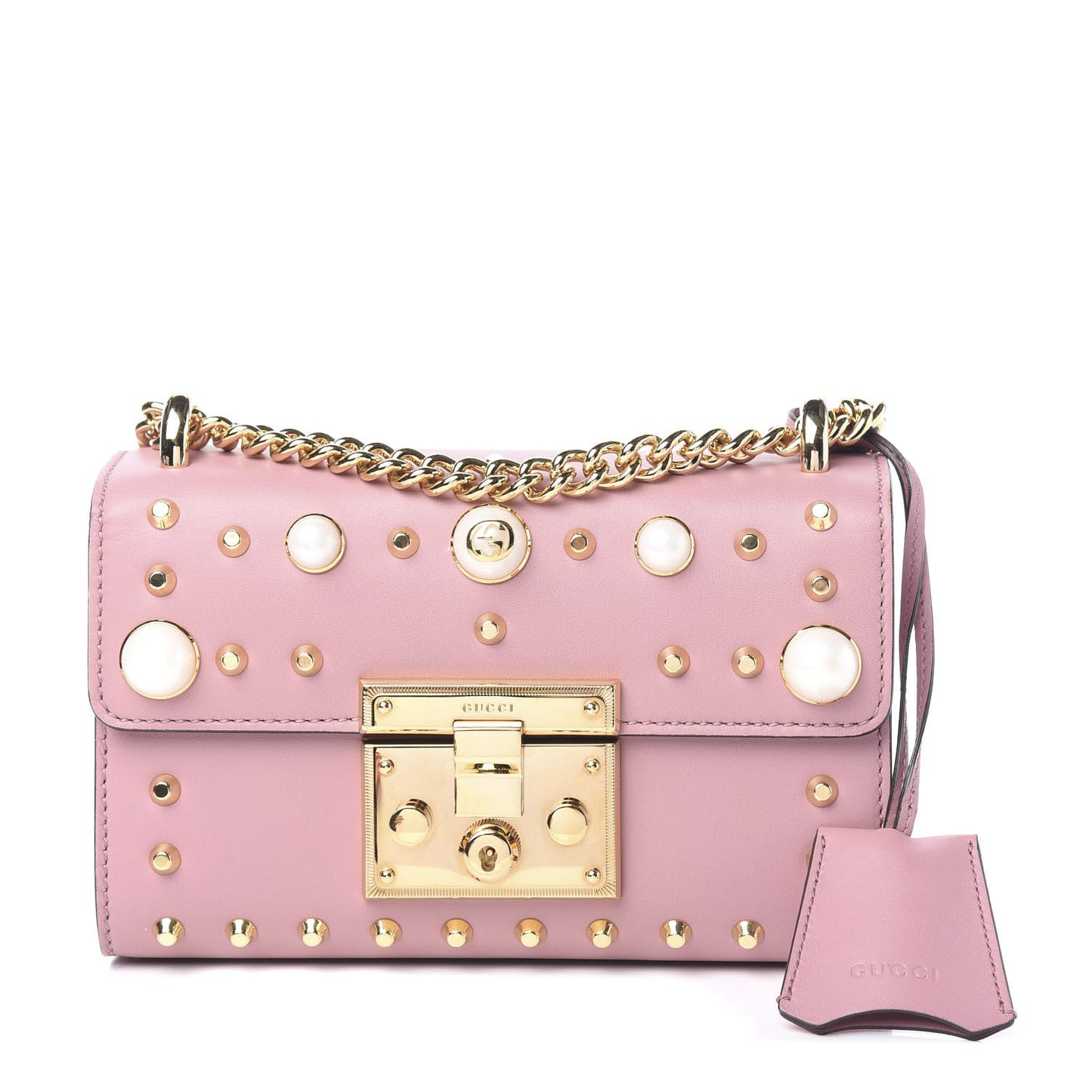 Calfskin Studded Small Padlock Shoulder Bag Carmine Rose