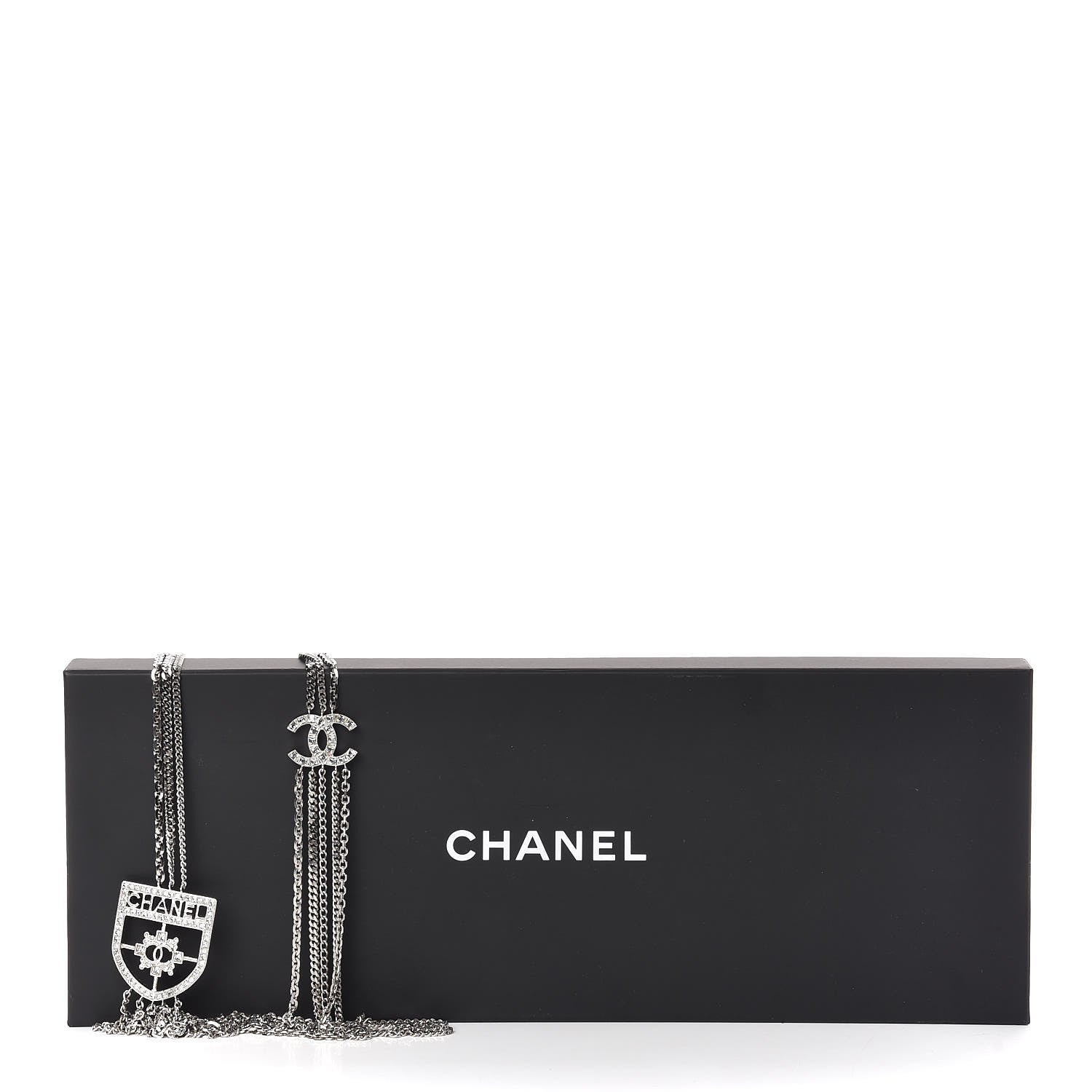 Chanel Baguette Crystal CC Shield Multi Strand Long Chain Necklace Silver 7 of 7