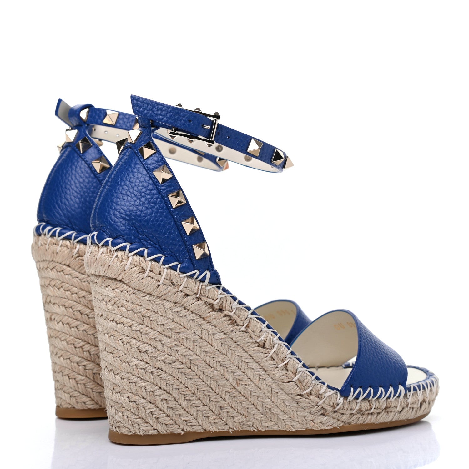 Valentino Garavani Grained Calfskin Rockstud Ankle Strap Espadrille 15/105mm Wedge Sandals 36 Blu Delft Natural 4 of 12