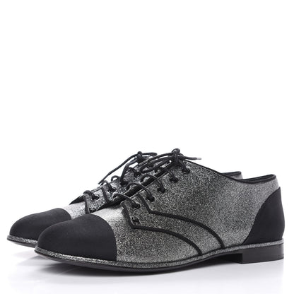 Chanel Glitter Fabric Grosgrain Cap Toe Lace Up Oxfords 37 Black Silver 3 of 9