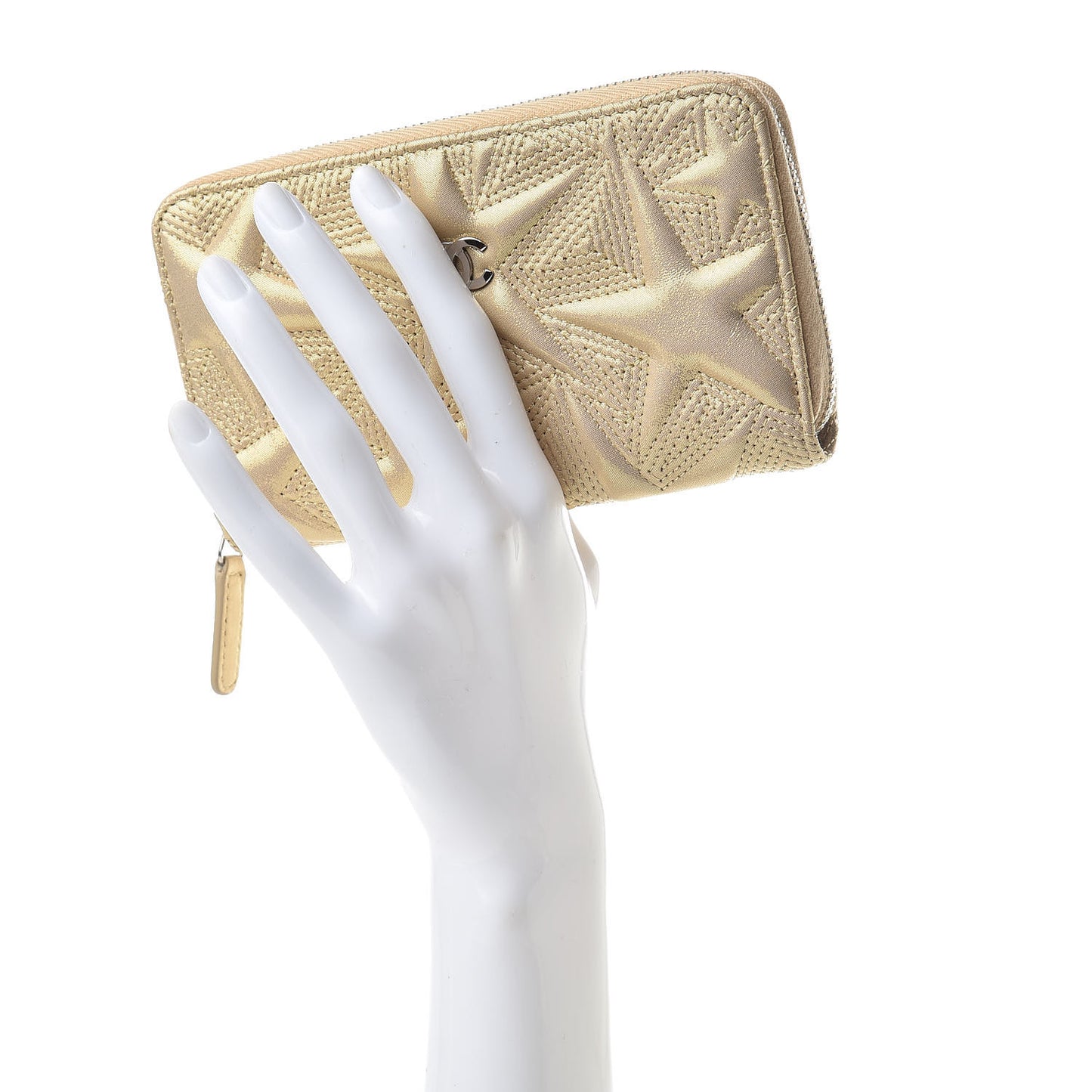 Metallic Lambskin Star Embossed Medium Zip Around Wallet Gold