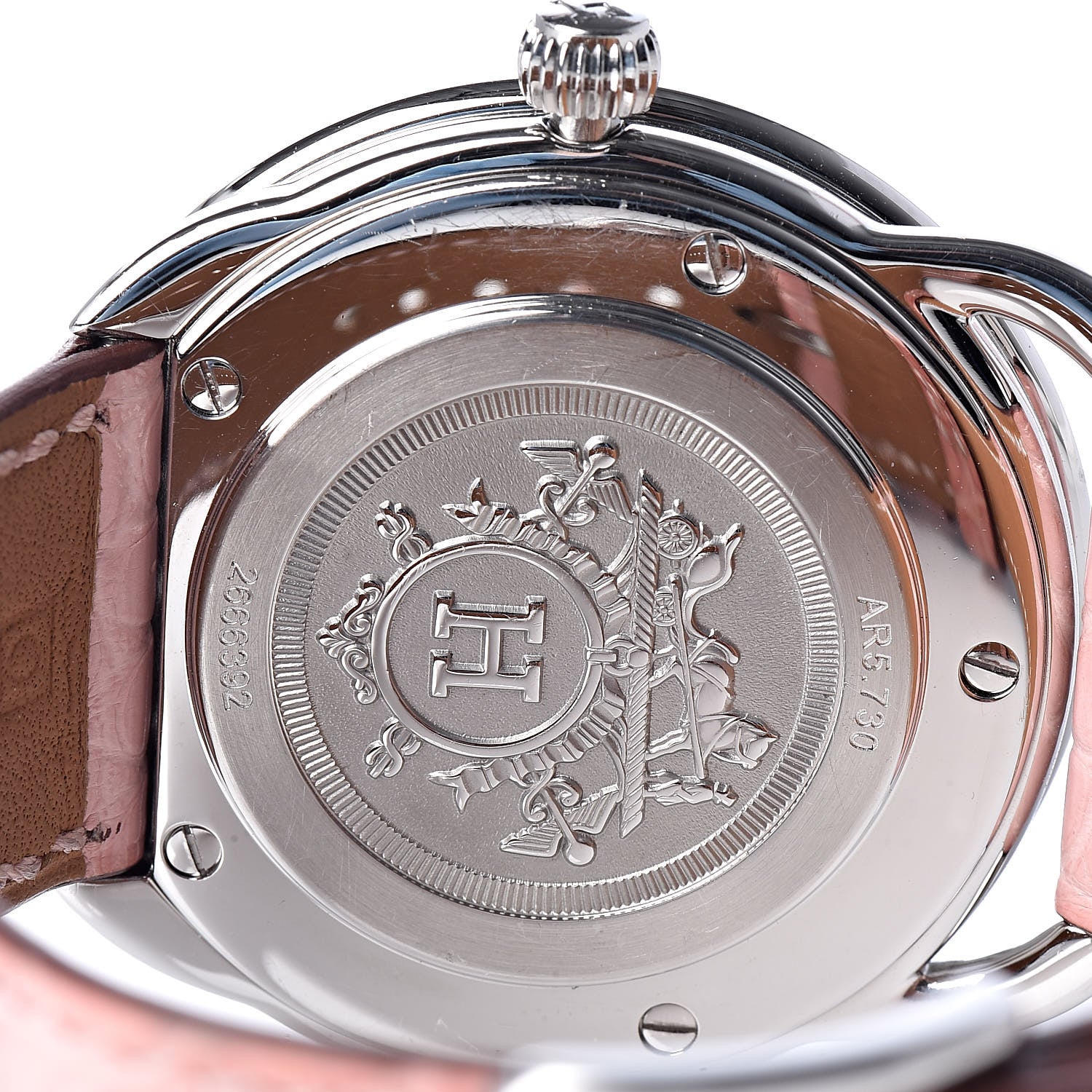 Hermes Stainless Steel Alligator Diamond Bezel Pink Mother of Pearl 38mm Arceau Quartz Watch 5 of 16