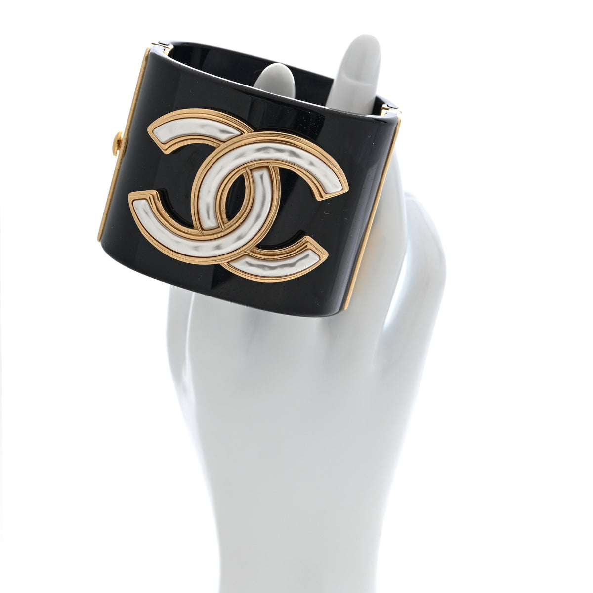 Chanel Resin Pearl Enamel Oversized CC Cuff Bracelet Black Pearly White Gold 2 of 5