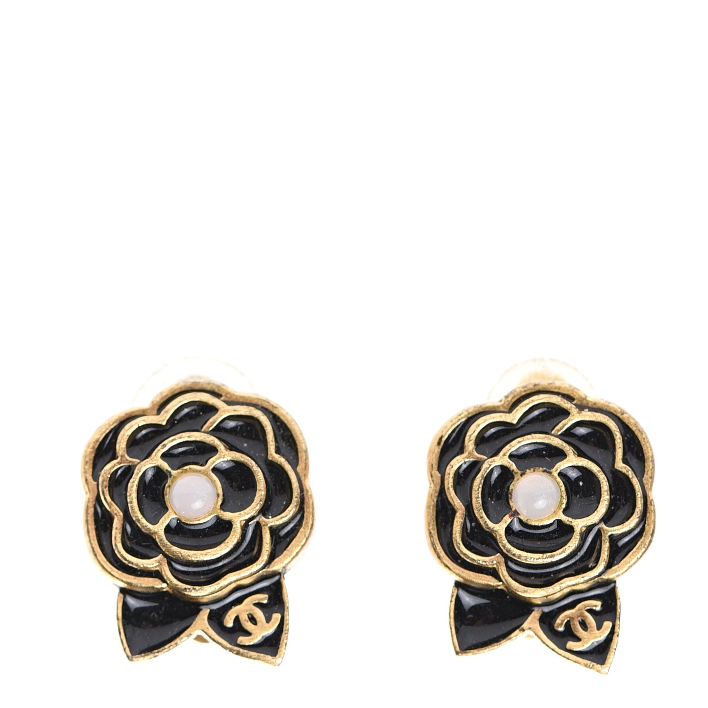 Enamel CC Camellia Clip On Earrings Black Gold