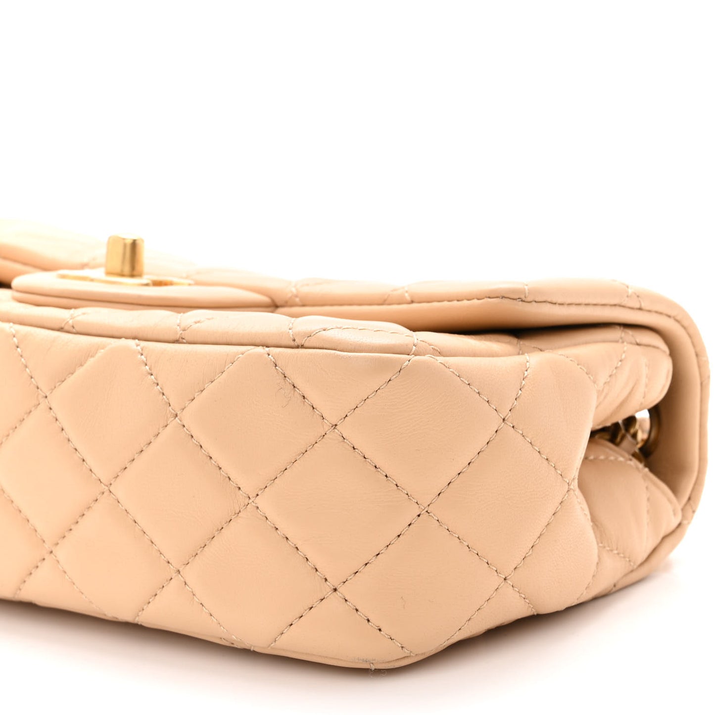 Lambskin Quilted Mini Rectangular Pearl Crush Flap Beige