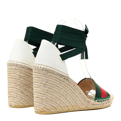 Gucci Canvas Malaga Kid Web Ankle Wrap Espadrille Wedge Sandals 38.5 Green Red Mystic White Emerald 5 of 13