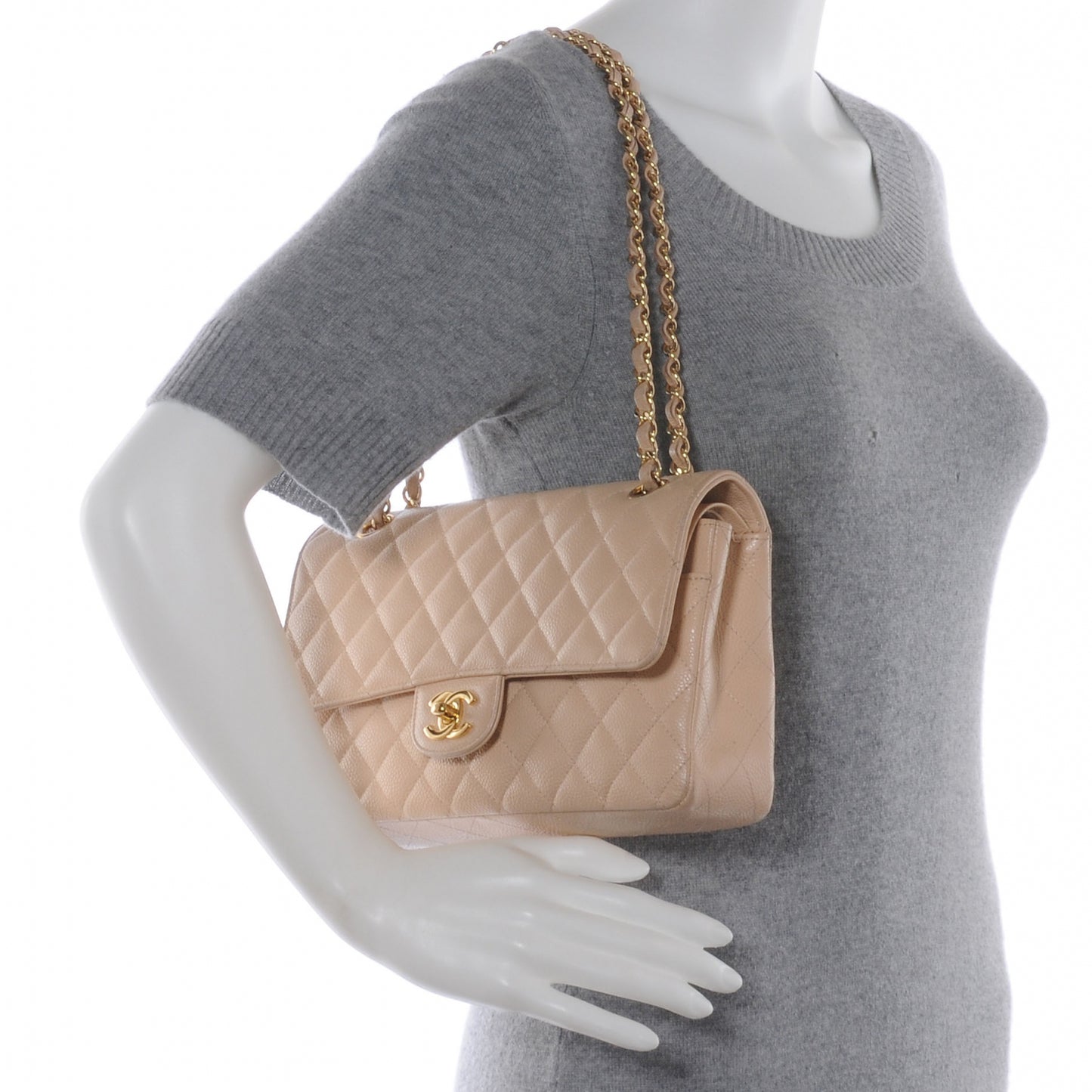 Caviar Quilted Medium Double Flap Beige Clair