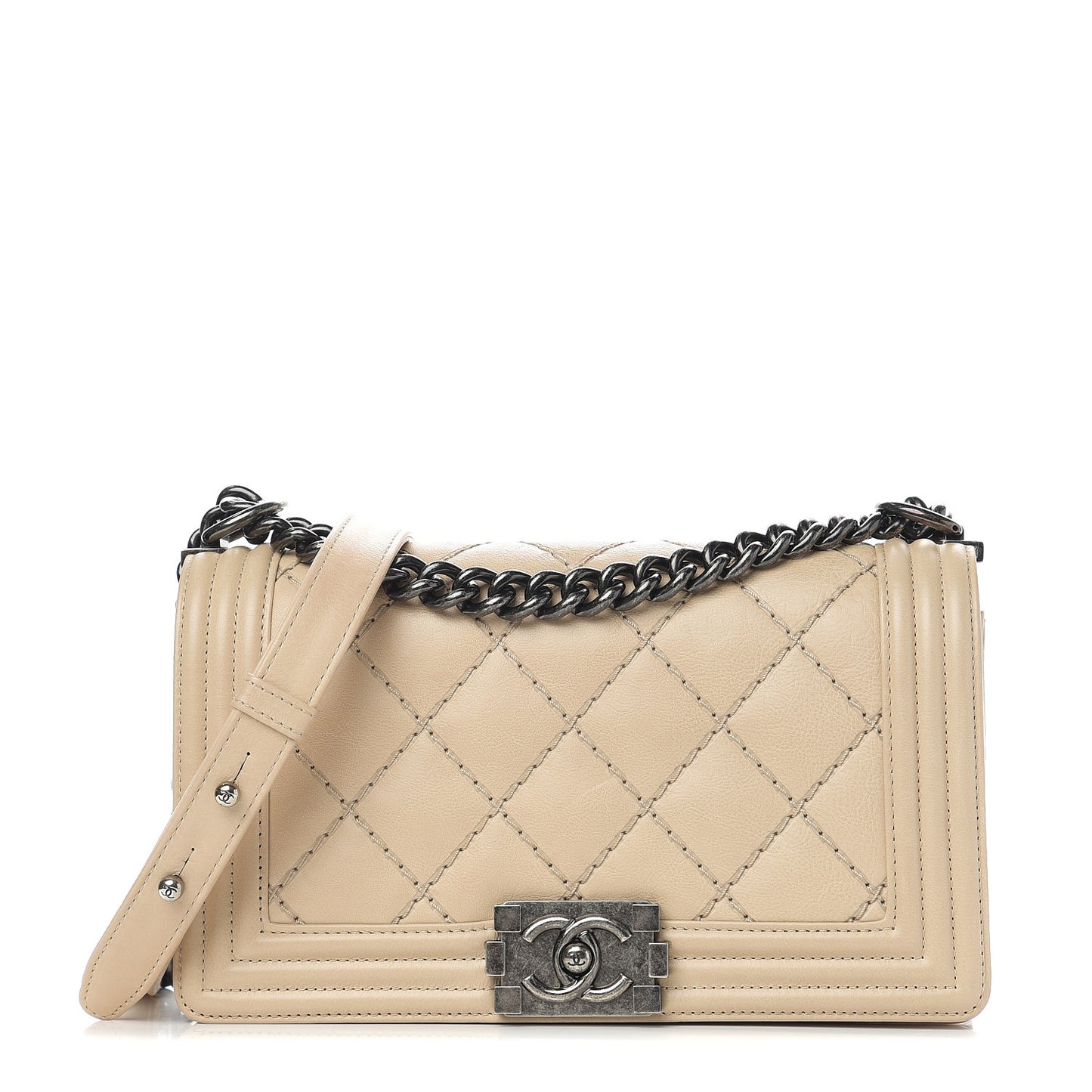 Calfskin Quilted Double Stitch Medium Boy Flap Beige
