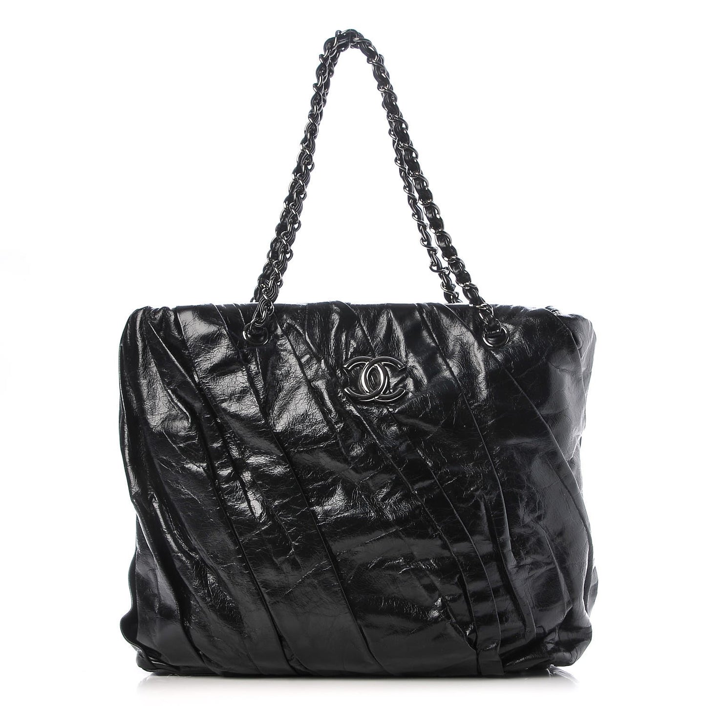 Glazed Calfskin Large Twisted Tote Black