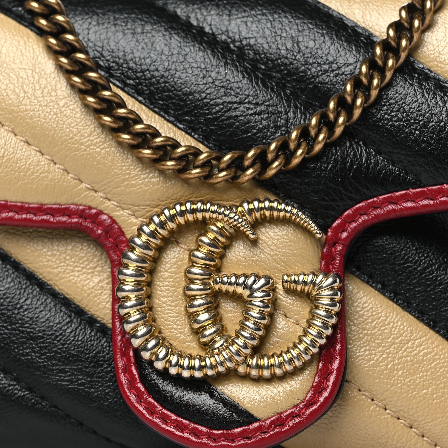 Gucci Vintage Effect Calfskin Matelasse Diagonal Striped Mini Torchon GG Marmont Shoulder Bag Black Beige 8 of 10