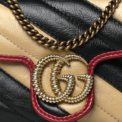 Gucci Vintage Effect Calfskin Matelasse Diagonal Striped Mini Torchon GG Marmont Shoulder Bag Black Beige 8 of 10