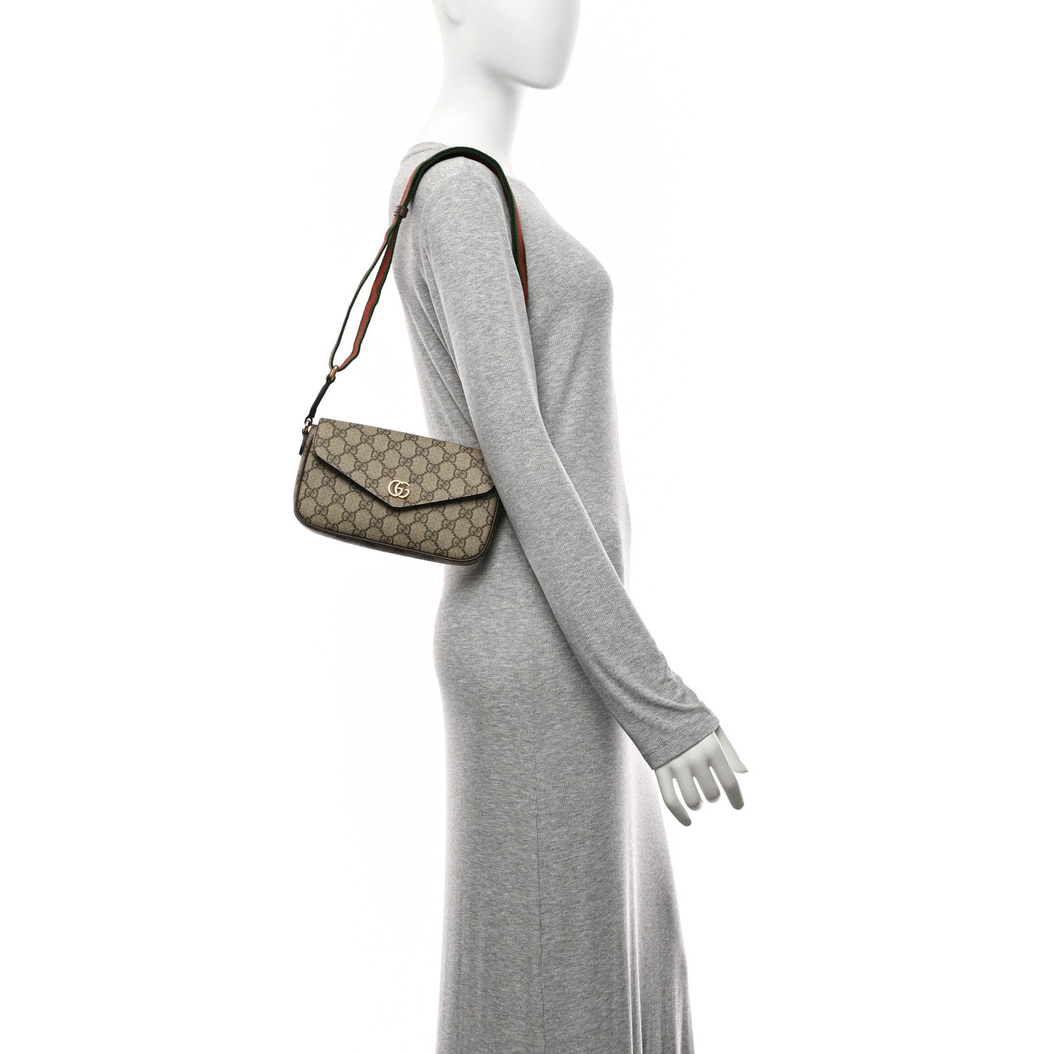 Gucci GG Supreme Monogram Textured Dollar Calfskin Web Mini Ophidia Envelope Shoulder Bag Beige Ebony 2 of 10