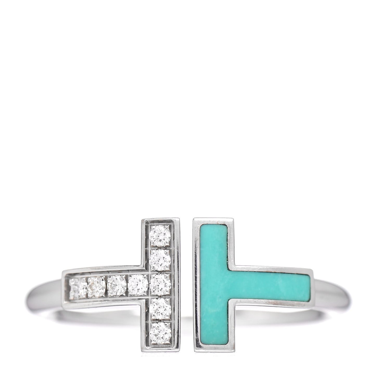 18K White Gold Diamond Turquoise T Wire Ring 54 7