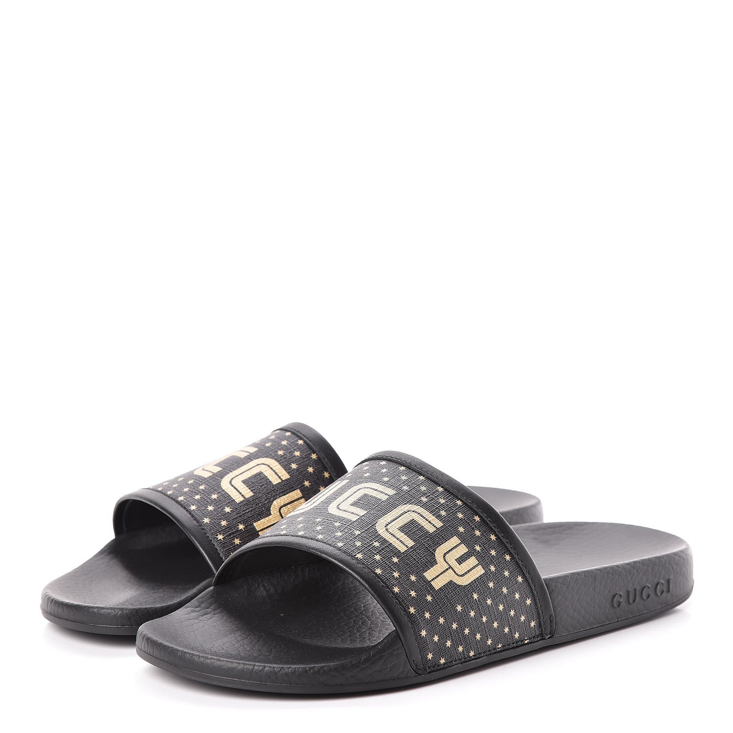 Gucci X SEGA Supreme Canvas GUCCY Stars Womens Slide Sandals 39 Black Gold 3 of 8