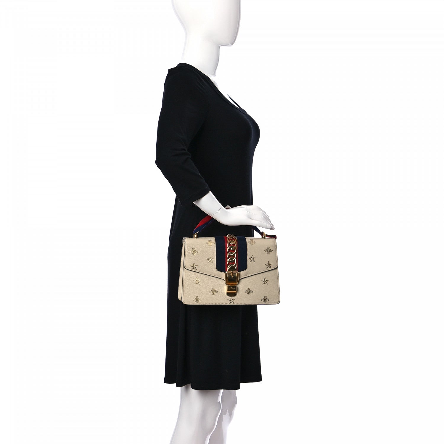Gucci Textured Calfskin Bee Star Print Small Sylvie Shoulder Bag Mystic White 2 of 10
