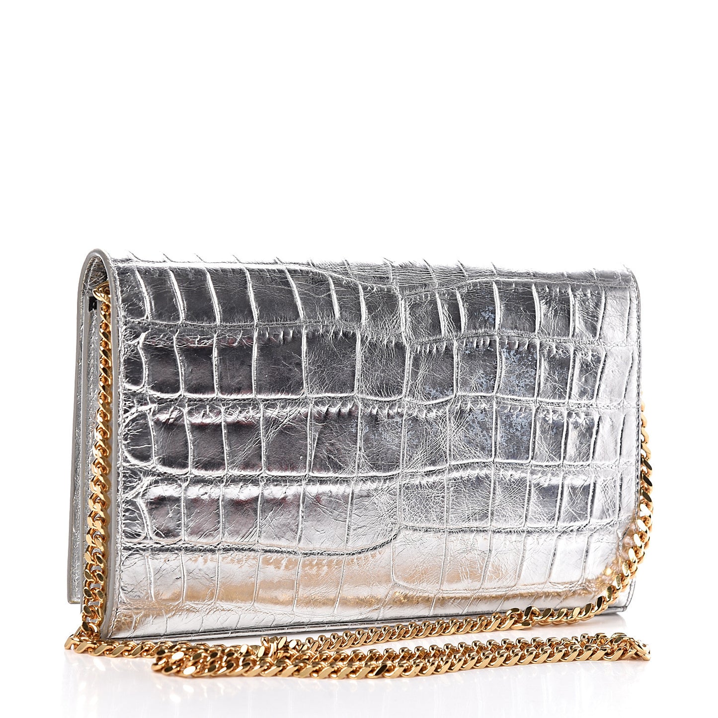 Calfskin Crocodile Embossed Monogram Chain Wallet Argento