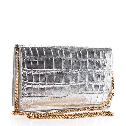 Saint Laurent Calfskin Crocodile Embossed Monogram Chain Wallet Argento 3 of 13